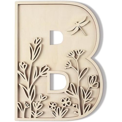 Layered 12 Inch Large Wooden Letters for Wall Decor, Flowered Paintable Wooden Nursery Letters for Crafts Wood Alphabet Letter B for Birthday Boho Nursery Name Sign Wedding Home Decoration