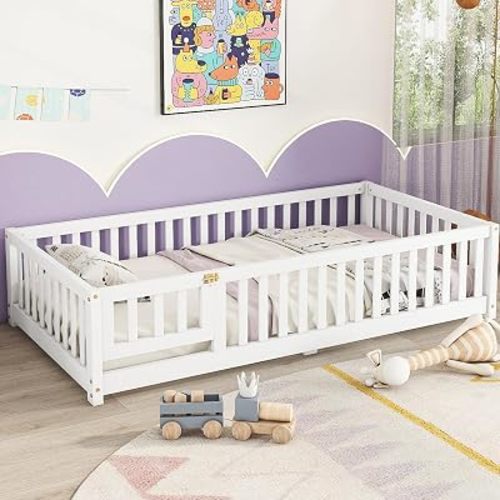 Twin Size Montessori Floor Bed with Slats, Door and Guardrails, White
