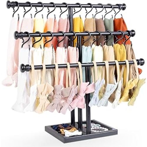 POVETIRE Headband Holder Stand Storage for Baby, 3 Tier Wooden Bow Organizer for Girls Hair Bows, Infant Hair Accessories Rack Display for Nursery Decor