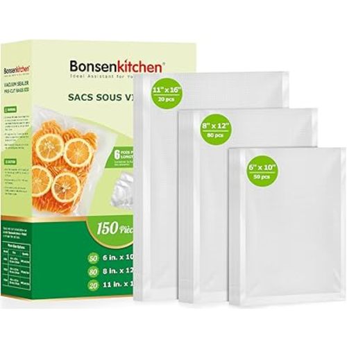 Bonsenkitchen Precut Vacuum Sealer Bags, 20 Gallon 11" x 16"+ 80 Quart 8" x 12"+ 50 Pint 6" x 10", Commercial Grade, BPA Free, Food Sealer Bags for Vac Storage, Meal Prep or Sous Vide Cooking, VB15