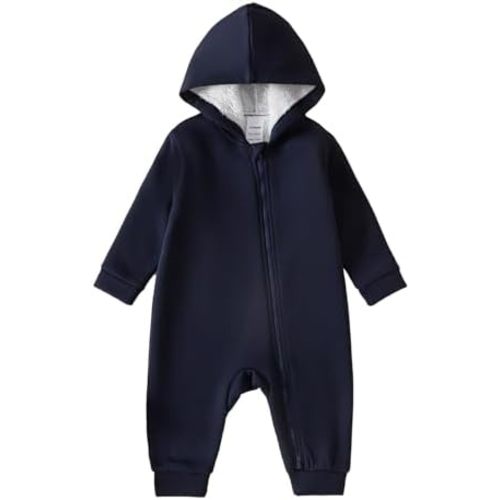 ROMPERINBOX Baby Boy Jumpsuit 2-Way Zipper Romper Hooded Fleece Lined Long Sleeve Footless Solid Outfits 0-24M