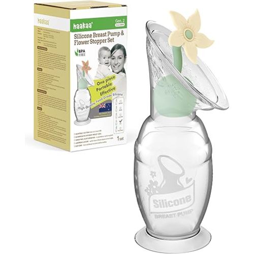 haakaa Manual Breast Pump with Flower Stopper Set, Gen.2 Silicone Hand Pump with Suction Base, BPA Free (4oz/100ml, Oat)