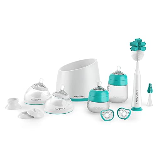 Nanobébé Breastmilk and Silicone Baby Bottle Complete Set Gen 2 with Anti-Colic Nipples, Bottle Brush, Pacifiers, Warmer, Pump Adapter - 5oz and 9oz - Teal/Grey