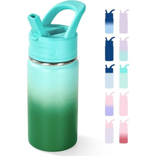 12oz Kids Water Bottle for School, Toddler Water Bottles with Straws, Insulated Water Bottles for Boys&Girls, Stainless Steel Vacuum Insulated Bottle for Kids, Leak-Proof, BPA-Free, Green Gradient