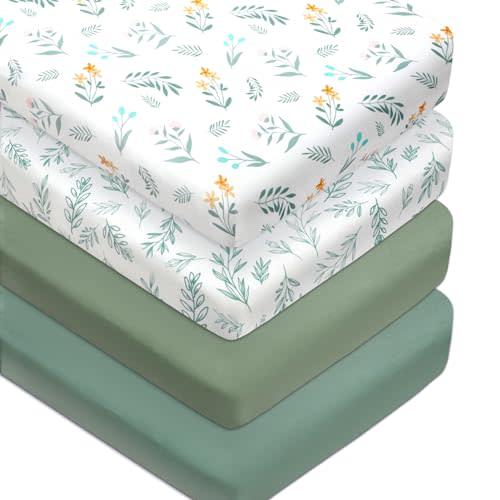 4 Pack Sage Green Fitted Nursery Sheets Breathable Neutral Unisex Baby Sheets for Boys or Girls with Leaf and Flower Design Standard Crib Sheet (Green, Crib Sheet)
