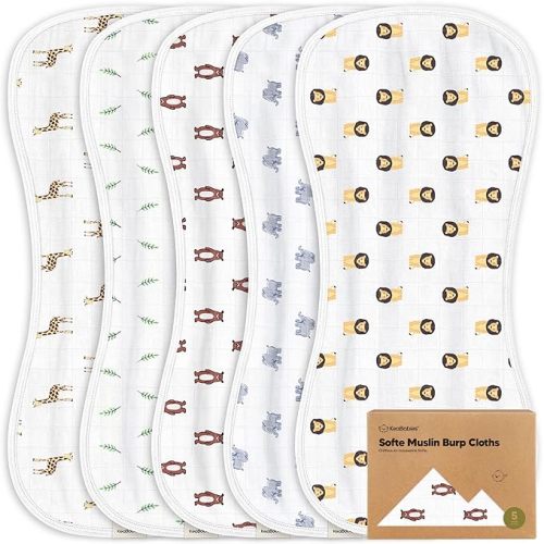 5-Pack Muslin Burp Cloths Baby Boy, Girl - Very Absorbent Baby Burp Cloth Rags, 8-Layers Viscose Derived from Bamboo Cotton Muslin Towel, Super Soft Spit Up Rags, No Shrink Washcloths (The Wild)