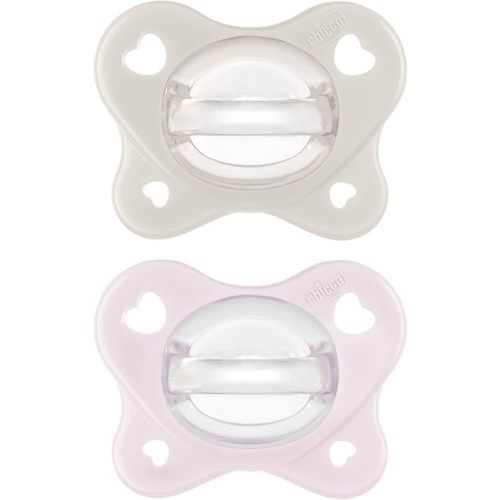 Chicco PhysioForma Dual Soft Orthodontic Pacifier, 2-6m | 100% Soft Silicone | Supports Breathing & Oral Development | One-Piece Design | Flex-Shield | Sterilizing Case | BPA Free | Grey/Pink, 2pk