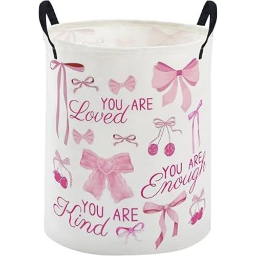 ESSME Kids Laundry Basket,Pink Hamper Collapsible Canvas Waterproof Storage Bin for Girls, Cute Hamper,Gift Baskets(bow)
