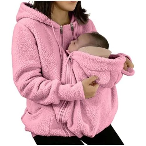 Women Fuzzy Fleece Hoodie Carrier Pouch Zip Up Hooded Warm Winter Jacket