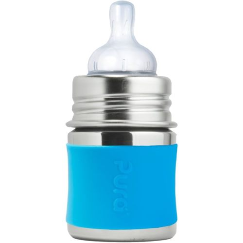 Pura Kiki 5oz/150ml Stainless Steel Anti-Colic Infant Bottle w/Silicone Natural Vent Nipple & Sleeve, 100% Plastic-Free, MadeSafe Certified, Medical-Grade Silicone - Aqua