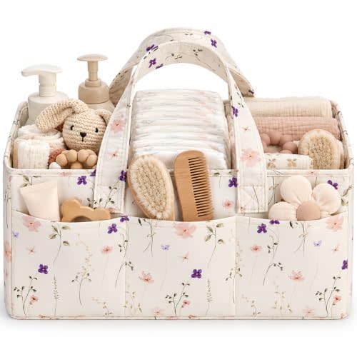 Baby Diaper Caddy Organizer, Floral Baby Basket Shower Gift, Nursery Organizer Basket Newborn Boy& Girl Essential Items, Changing Table Organizer Caddy for Baby Stuff, Car Caddy-Cream Floral