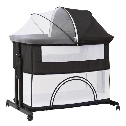 Bedside Crib, 3 in 1 Bassinet with Quick Height Adjustment and Mosquito Nets Rocking Bassinet for Baby, Bedside Bassinet with Wheels, Easy to Fold, Golden Triangle Structure（Grey）