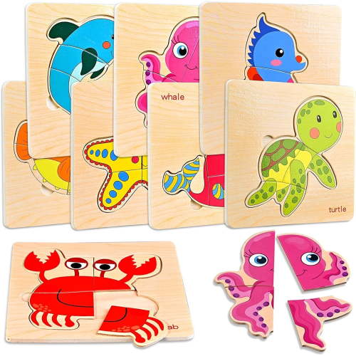 8Pcs Wooden Puzzles for Toddlers 3, Sea Animal Puzzle for Kids, Montessori Toys for 3+ Years Girl Boy,