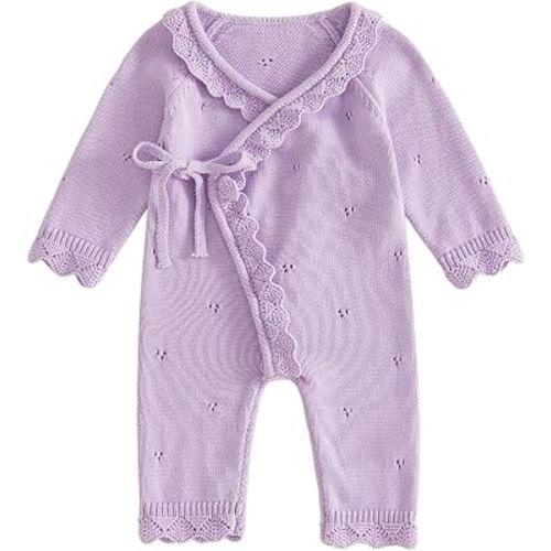 Kupretty Newborn Girl Outfit Baby Sweater Knit Romper Jumpsuit | Coming Home Outfit Baby Girl Knit Clothes Kimono Wrap Romper Fall Winter Clothes Long Sleeve Side Tie Footless Jumpsuit