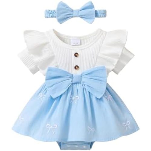 Baby Girl Summer Clothes Newborn Romper Dress Ruffle Short Sleeve Onesie Jumpsuit Outfits with Bow Headband
