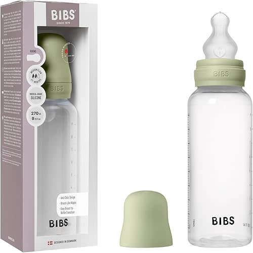BIBS Baby Bottle 9 oz / 270 ml Silicone Nipple - Anti-Colic, BPA-Free, Round Nipple, Medium Flow, Lightweight & Easy to Clean, Suitable for Newborns 0+ Years - Sage