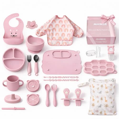 MONDE 25PCS Ultimate Silicone Baby Feeding Set, Complete Mealtime Baby-Led Weaning Essentials from Infant to Toddler, Bib, Smock, Sippy Cup, Dry Wet Bag, Placemat, Perfect Premium Gift Set (Pink)