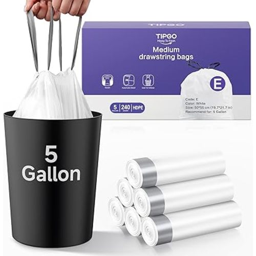 TIPGO 5 Gallon Trash Bags Drawstring, Pre-Cut Strong Wastebasket Bin Liners, White Garbage Bags for Home, Office, Bathroom (Code E, 240 Count)