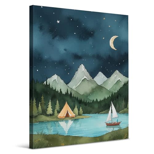 awdschkj Forest Mountain Camping Nursery Canvas Wall Art Decor Framed 8x10, Night Sky Adventure Nature Landscape Wall Decor Poster Prints Artwork for Nursery Boys Kids Room Bedroom Playroom