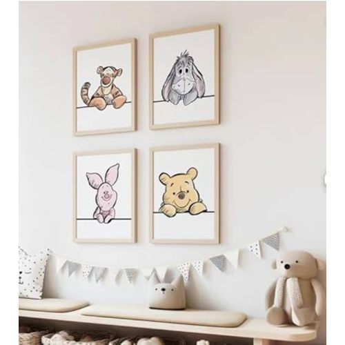 Winnie The Pooh and Friends Nursery Wall Art Set of 4, Character Illustrations, Kids Room Decor - 11x14 Poster Print - UNFRAMED