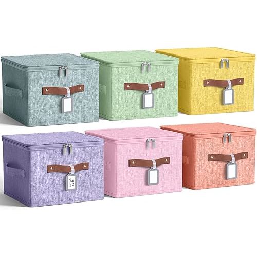 6 Pack Fabric Closet Storage Bins with Zipper Lids and Label, 10×8×7In Large Foldable Cotton Linen Storage Cubes with Leather Handles for Nursery, Pink, Purple, Blue, Green, Yellow, Orange