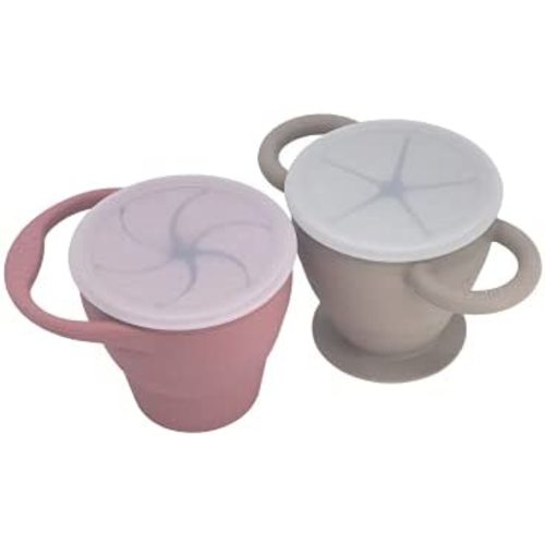 BraveJusticeKidsCo. | Snack Attack I&II Baby Snack Cup | 2 pack | Collapsible Toddler Snack Cup (Dusty Rose and Fog)