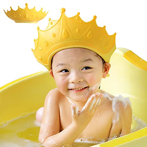 Baby Shower Cap Shield, Shower Cap for Kids, Visor Hat for Eye and Ear Protection for 0-9 Years Old Children, Cute Crown Shape Makes the Baby Bath More Fun(Yellow)