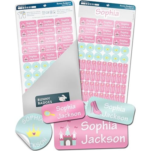 Bunny Badges Personalized Daycare Name Labels for Kids (130 Labels) - Custom Waterproof Name Stickers for Clothing Tags, Water Bottles, Lunch Boxes and School Supplies (Princess)