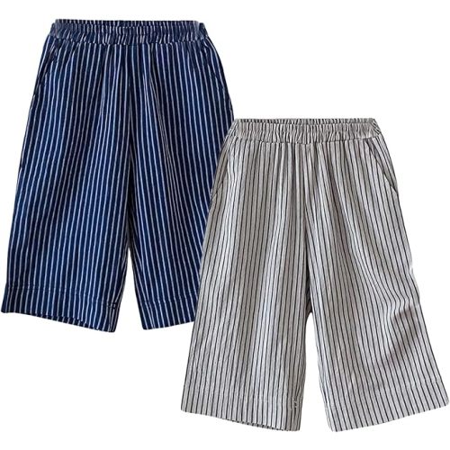 Ashmyova Casual Pants for Boys Girls Classic Linen Cotton Stripe Elastics Waist Spring Autumn Trousers Kids Long Pants 2Pcs