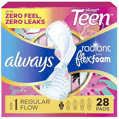 Always Radiant Teen Pads, Size 1, Regular, with Wings, Unscented, 28 Count
