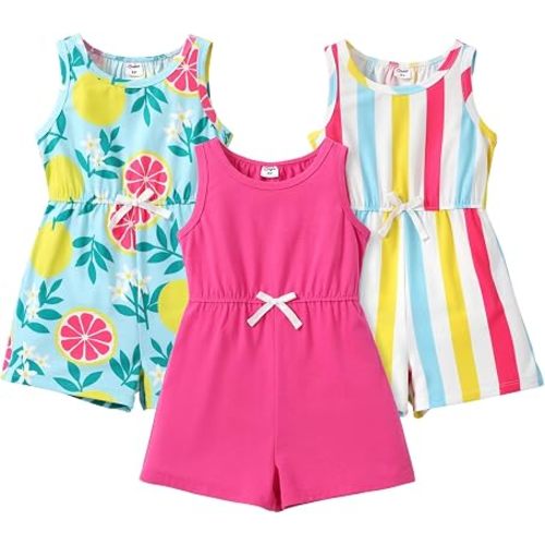 PATPAT Girls 3 Pack Rompers 3-12 Years Floral Summer Rompers Elastic Waist Sleeveless Jumpsuits Cute Outfits