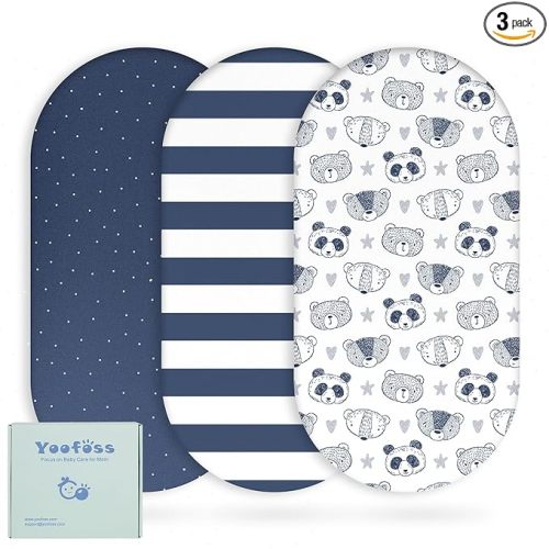 Yoofoss Bassinet Sheets for Baby,3-Pack Fitted Bassinet Sheets Set Compatible with Halo Bassinest Swivel Sleeper,Baby Delight,Angelbliss,Soft Breathable Bassinet Mattress Sheets(Stripes + Panda)
