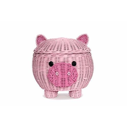 G6 COLLECTION Pig Rattan Storage Basket With Lid Decorative Bin Home Decor Hand Woven Shelf Organizer Cute Handmade Handcrafted Nursery Gift Animal Decoration Artwork Wicker Pink Piggy (Large)