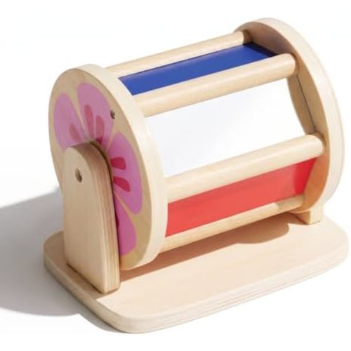 WOODENFUN Montessori Spinning Drum Baby Toys Wooden Tummy Time Mirror Kit
