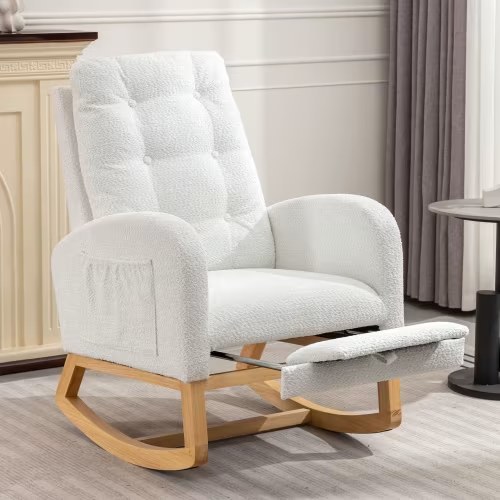 Modern Accent Rocking Chair with Pull - Out Footrest, Nursery Glider Chair with Solid Wood Legs & Side Pocket, Upholstered Lounge Chair with High Backrest, White - Walmart