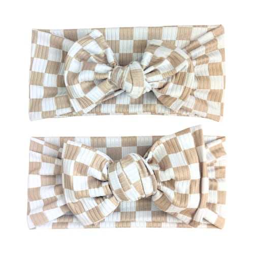 Neutral Small Check Ribbed Baby Headband (Taupe + White) | Harper + Remi