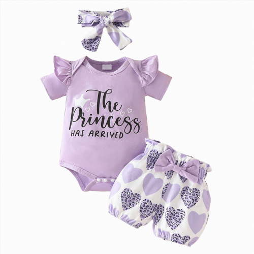 CAICJ98 Newborn Baby Girl Clothes Ruffle Short Sleeve Letter Print Romper Bow Shorts Headband Infant Girls 3Pcs Outfits Set (Light Purple,0-3 Months)