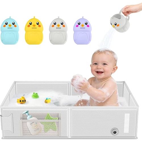 Collapsible Baby Bathtub, Foldable Toddler Bath Tub with Chick Pattern Bath Rinse Cup, No Assembly Portable Travel Bathtub for 6M-5Y, Ideal for Shower, Travel Essentials & Baby Registry Gift