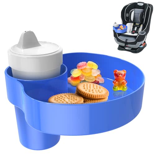 PPTSLID Car Seat Snack Tray: Travel Tray for Kids Carseat Cup Holder with Food Trays, Stroller Snacks Plate for Toddlers, Kid Road Trip Essentials, Blue