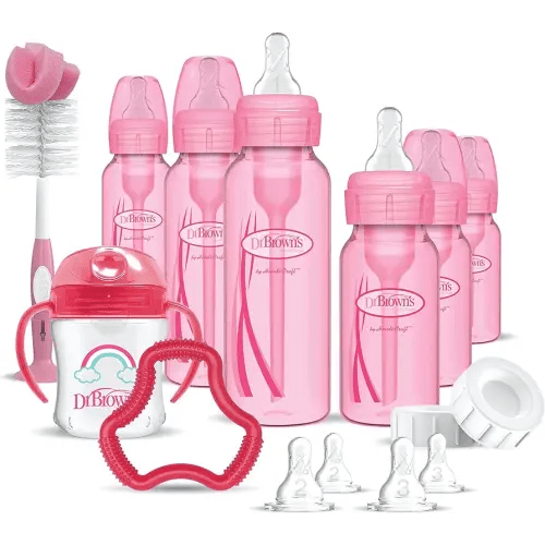 Dr. Brown's Natural Flow Anti-Colic Options+ Special Edition Pink Baby Bottle Feeding Set with Beaded Ring Teether, Sippy Cup, Bottle Brush and Travel Caps, 15 Piece Set