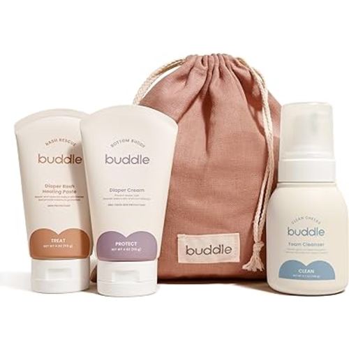 Buddle Diaper Rash 3-Piece System, 40% Zinc Oxide Ointment, Diaper Cream & Foam Cleanser for No-Rinse Cleansing, Gift Set