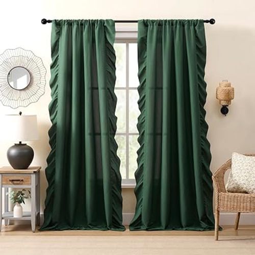 Dark Green Ruffle Curtains 84 Inches Long 2 Panels for Bedroom Living Room Soft-Touch Fabric Rod Pocket Light Filtering Romantic Vintage Ruffle Curtains for Holiday Cottage Window Privacy Decor, 52x84