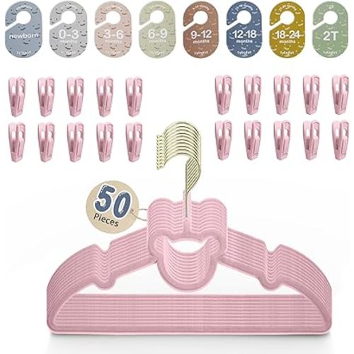 Velvet Baby Hangers with Clips – Organize Baby Clothes by Age with Size Dividers – Save Closet Space for Newborn to Toddler Outfits – Perfect Nursery Must-Have (Petal)