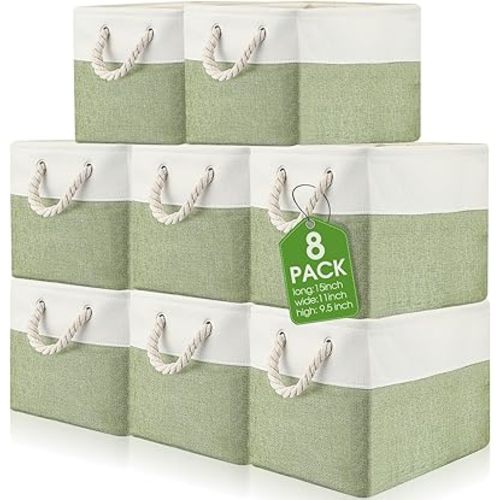 meekoo 8 Pack Collapsible Storage Bins Fabric Storage Bins Polyester Fabric Baskets with Handles Linen Closet Organizer for Shelf Home Closet Towels Toys(15 x 11 x 9.5 in,Green White)