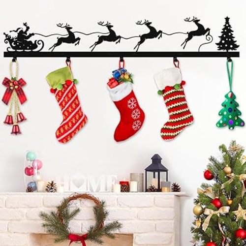 POILKMNI Christmas Stocking Holder, Metal Hanging Sign with 5 Hangers for Fireplace Mantel, Large Size, 33 Inch, Black Elk