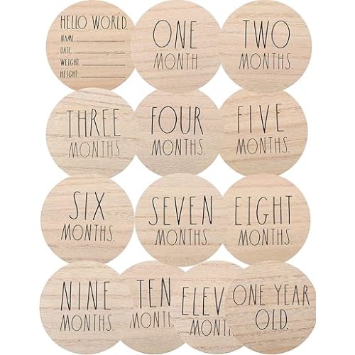 Rae Dunn 12 Baby Milestone Plaques - Wooden Baby Monthly Milestone Props for Newborn Boy or Girl - First Year Baby Signs for Photo Shoot Photography Prop - Track The First 12 Months of Life