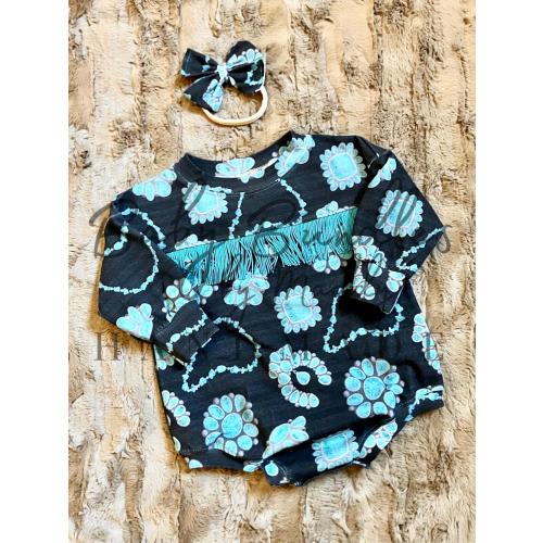 Turquoise and Black Fringe Baby Girl Oversized Romper | Turquoise Jewelry Print Baby Outfit | Western Baby Style | Newborn Going Home