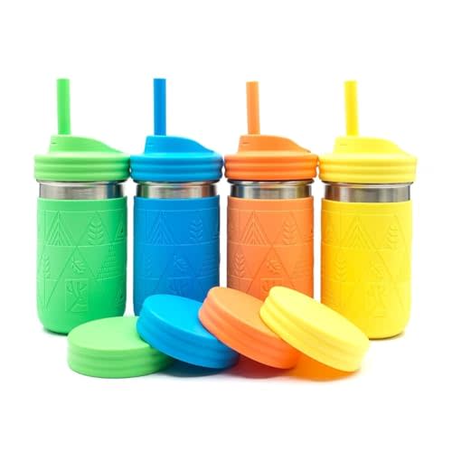 Elk and Friends 14oz Stainless Steel Kids + Toddler Drinking Cups | The Original Mason Jar with Sleeves + Lids | Silicone Straws | Smoothies | Storage Jar | Spill Resistant | Dishwasher Safe | 4 Pack