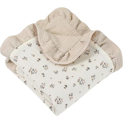 Muslin Toddler Blanket - 100% Cotton Super Soft Crib Blanket for Baby Boys & Girls, Infant & Toddler,Lightweight Nursing Cover & Breathable Stroller Blanket,Floral Design (Beige)
