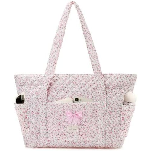 Quilted Tote Bag for Women, Quilted Floral Tote Bags with Zipper, Cute Bow Cotton Patchwork Shoulder bag for Daily